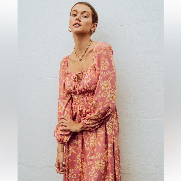 PAPER HEART Caitlyn Pink Floral Long Sleeve Midi Dress NWT - Picture 4 of 16